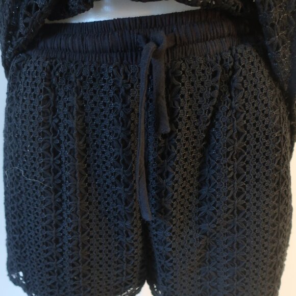 NWT Benaar LA Jeiley Black 2Pc Set Crochet Gauzy Contrast Collared Top Short M C - Picture 10 of 16